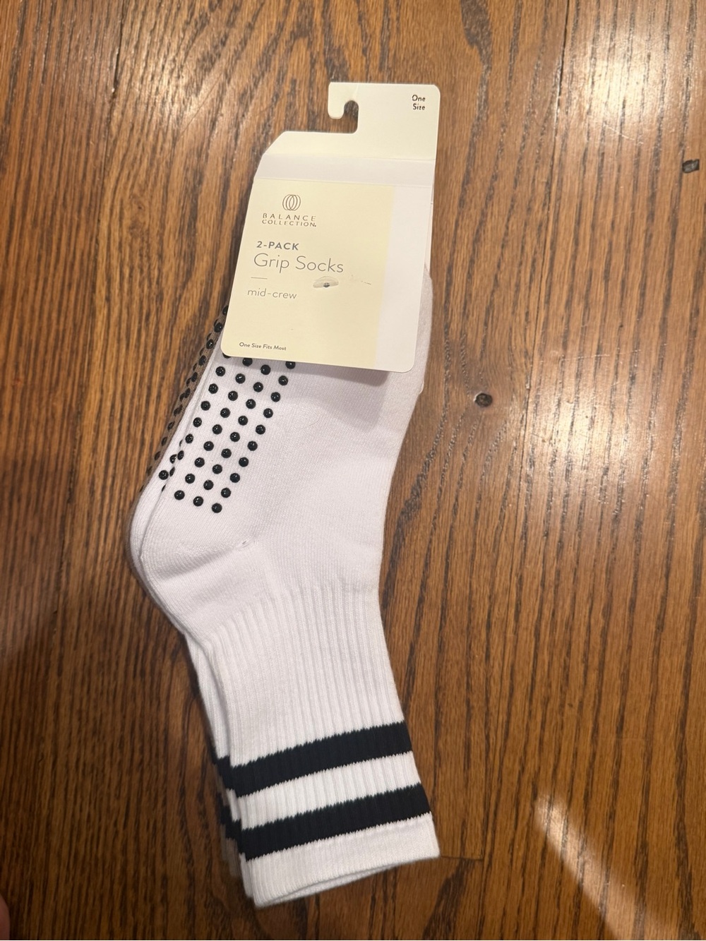 Balance Collection White Mid-Crew Grip Socks with Black Stripes - 2 Pack